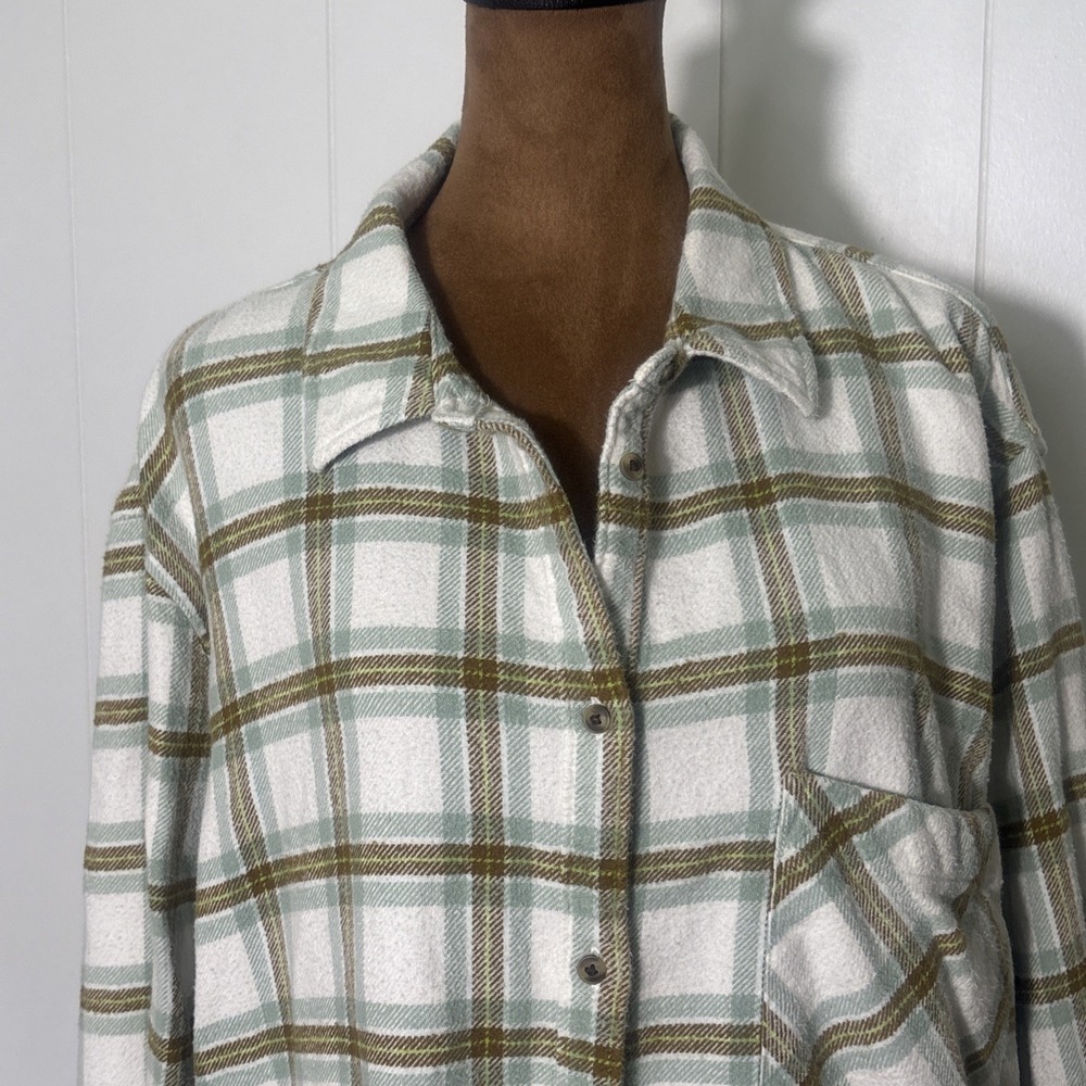 Aerie Women XL Oversized Plaid Flannel Button-Up Shirt Cozycore Green/Brown Fall